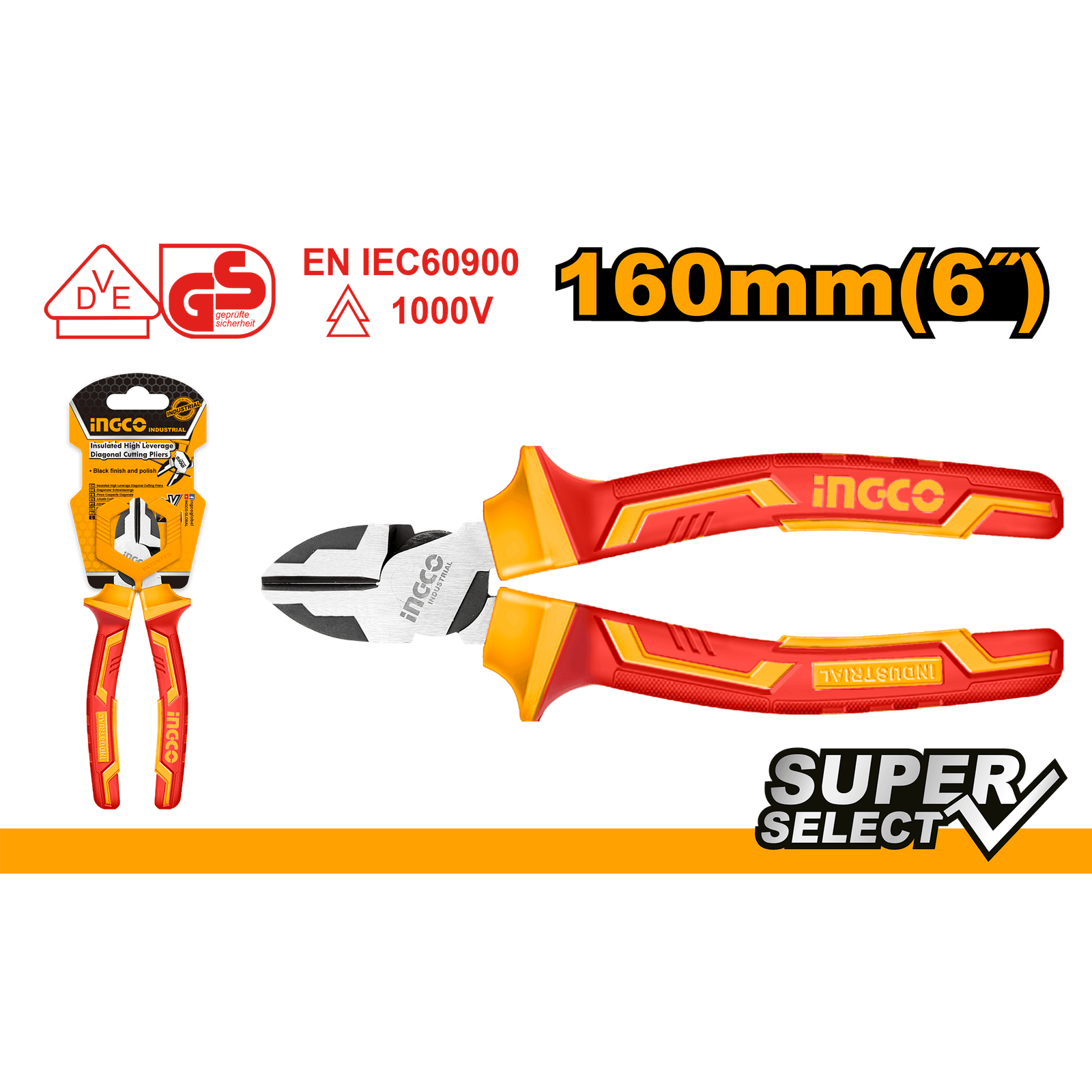 Ingco Insulated High Leverage Diagonal Cutting Pliers 6"/160mm HIHLDCP28160