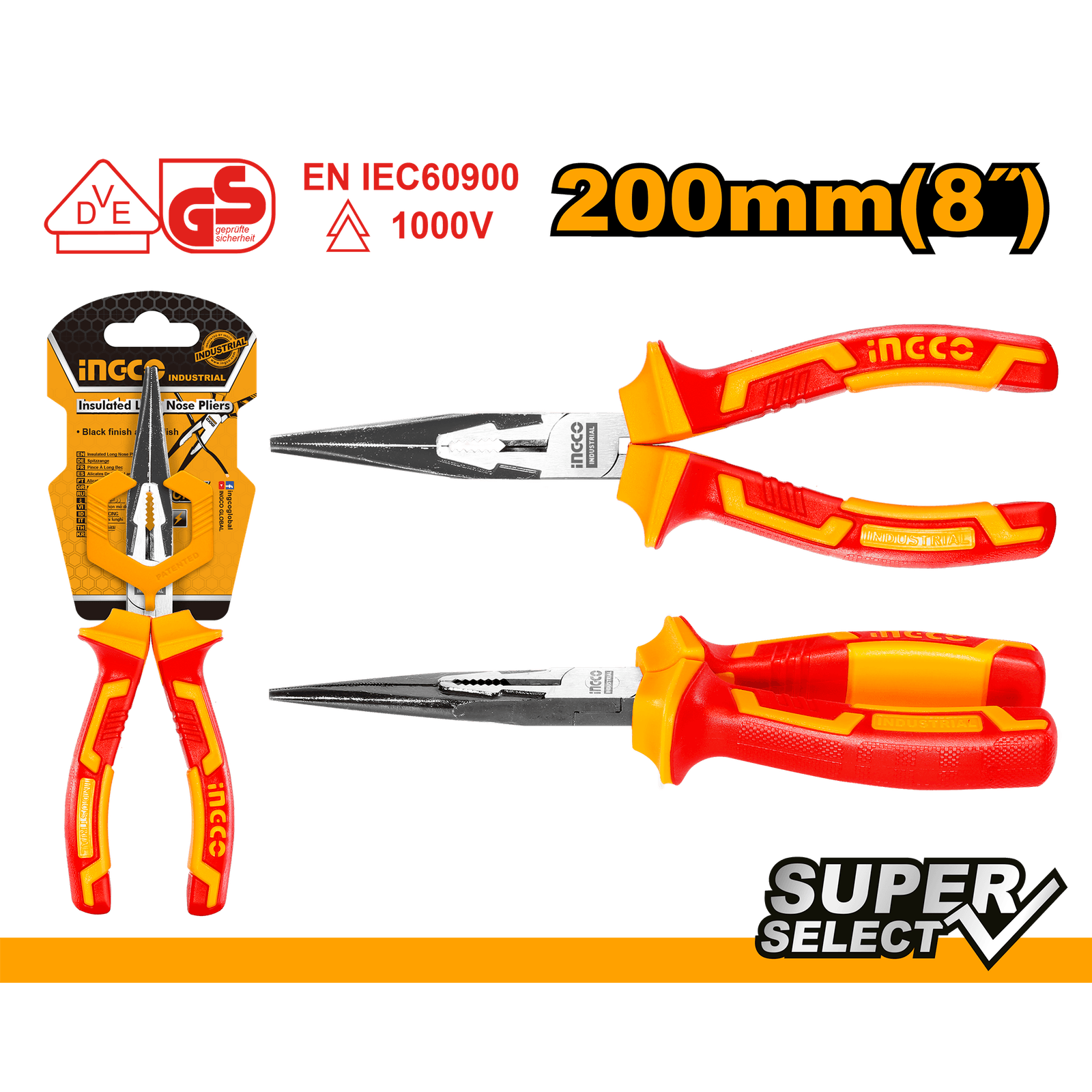 Ingco Insulated Long Nose Pliers 8"/200mm HILNP28208