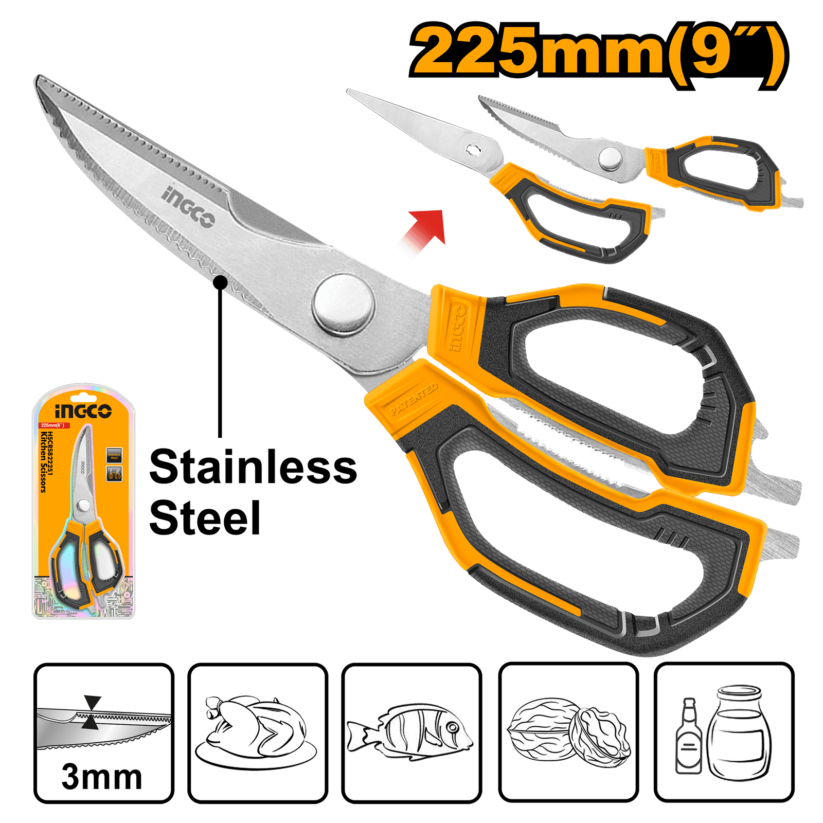 Ingco Kitchen Scissors 9"/225mm HSCRS822251
