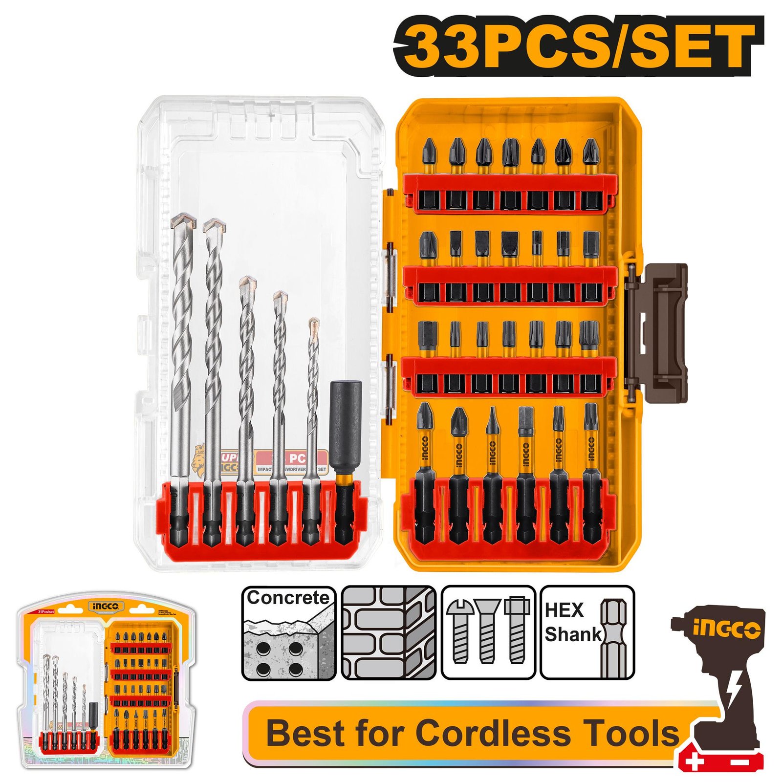 Ingco 33 Pcs masonry drill bits and impact screwdriver bits set AKDL11303