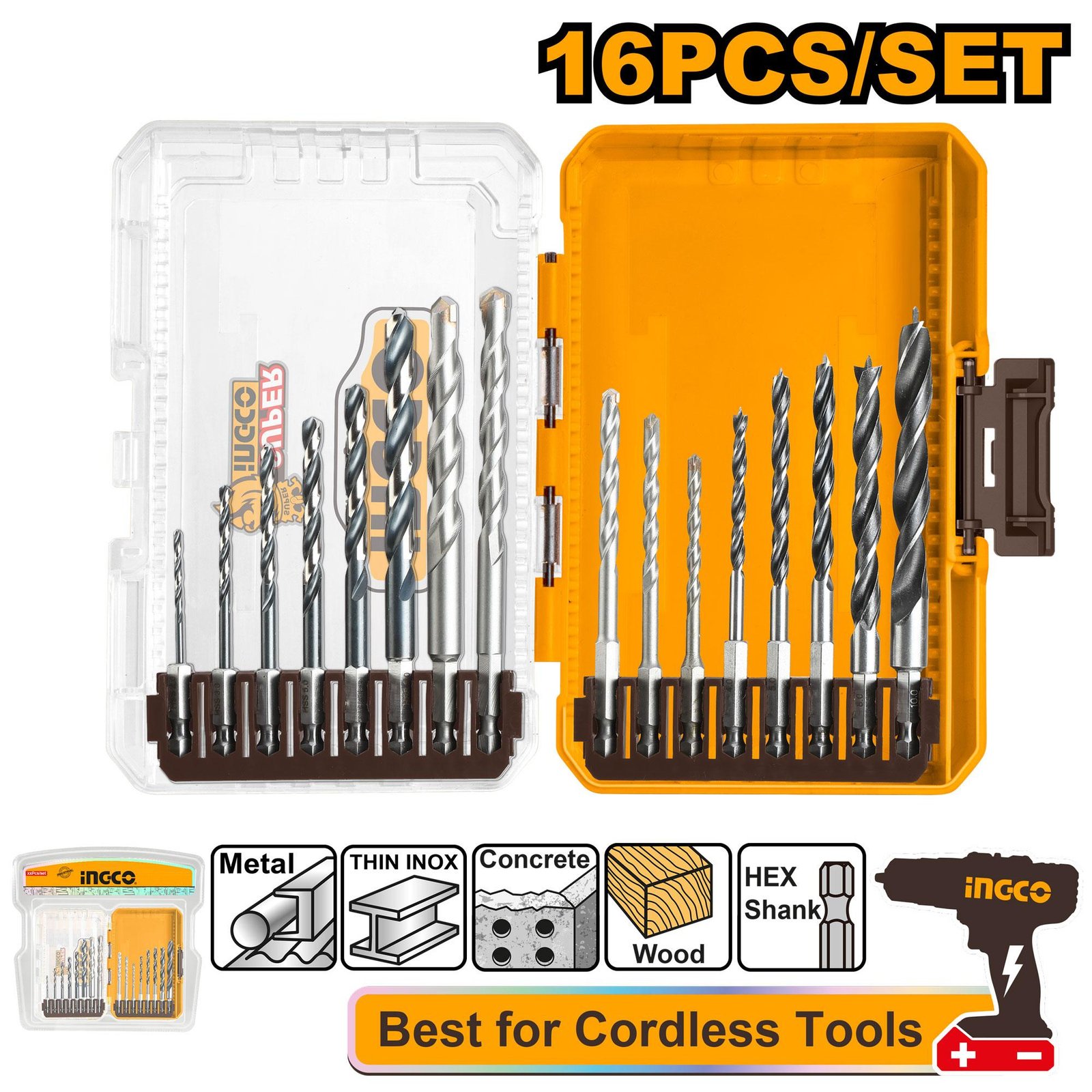 Ingco 16 Pcs metal, multifunction drill, and wood drill bits set AKDL11606