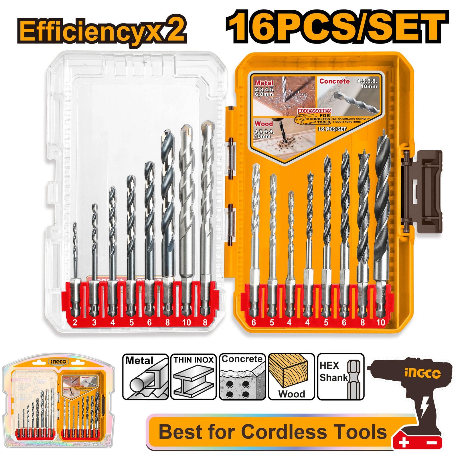 Ingco 16 Pcs Metal masonry and wood drill bits set AKDL11608