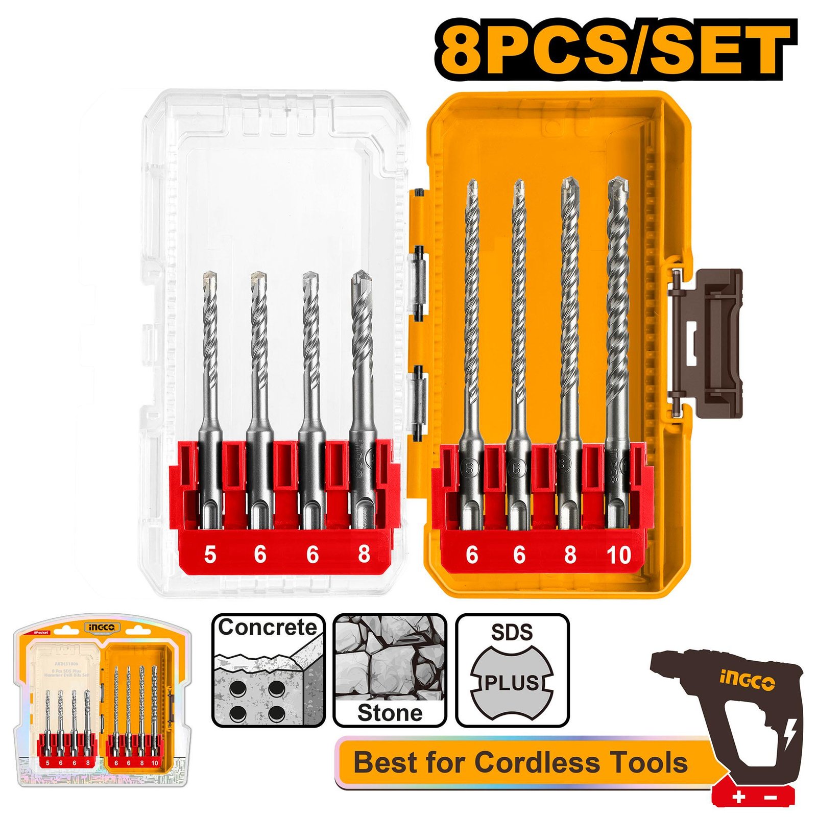 Ingco 8 Pcs SDS plus hammer drill bits set AKDL11806