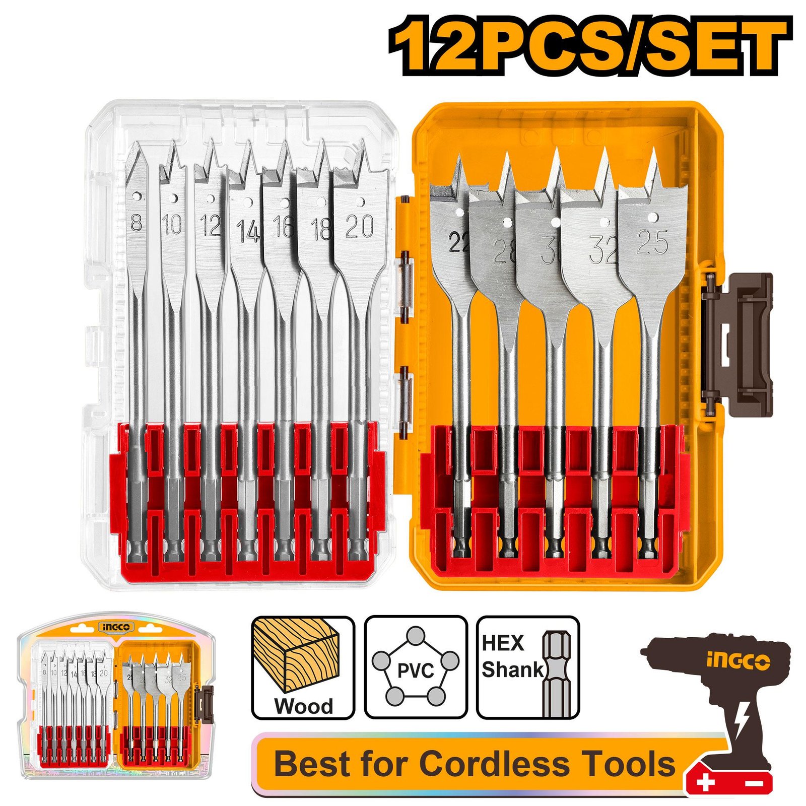 Ingco 12 Pcs flat wood drill bits set AKDL1206