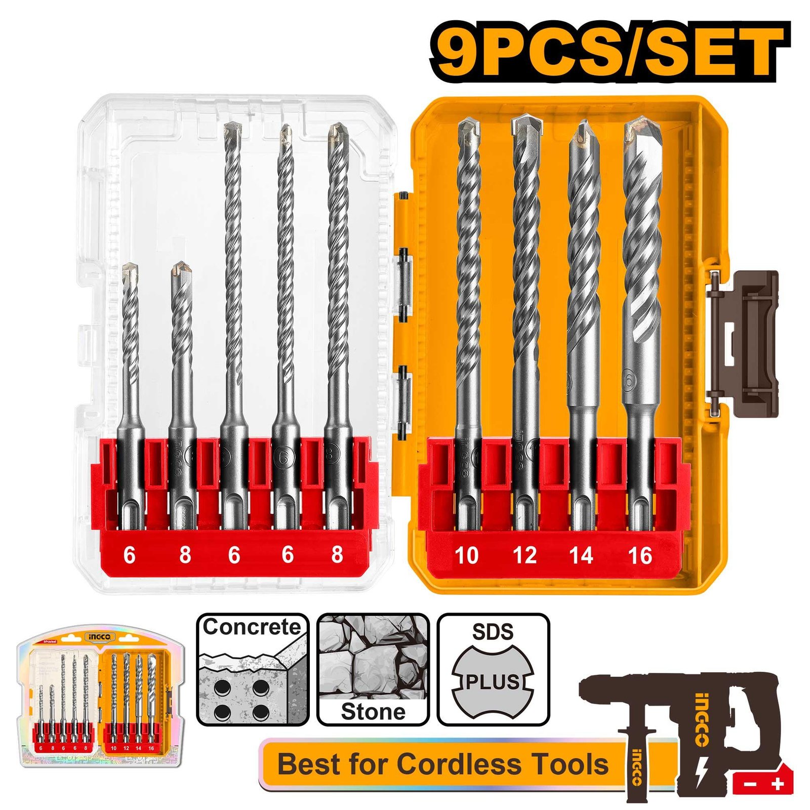 Ingco 9 Pcs SDS plus hammer drill bits set AKDL30906
