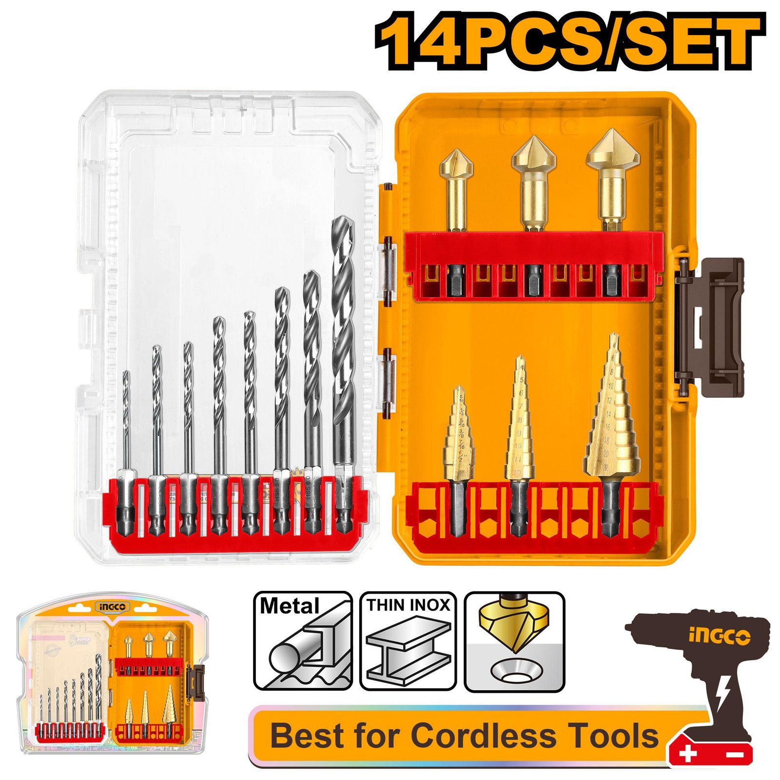 AKDL61401.jpg Ingco 14 Pcs HSS drill bits and step drill bits set AKDL61401 - Image 1