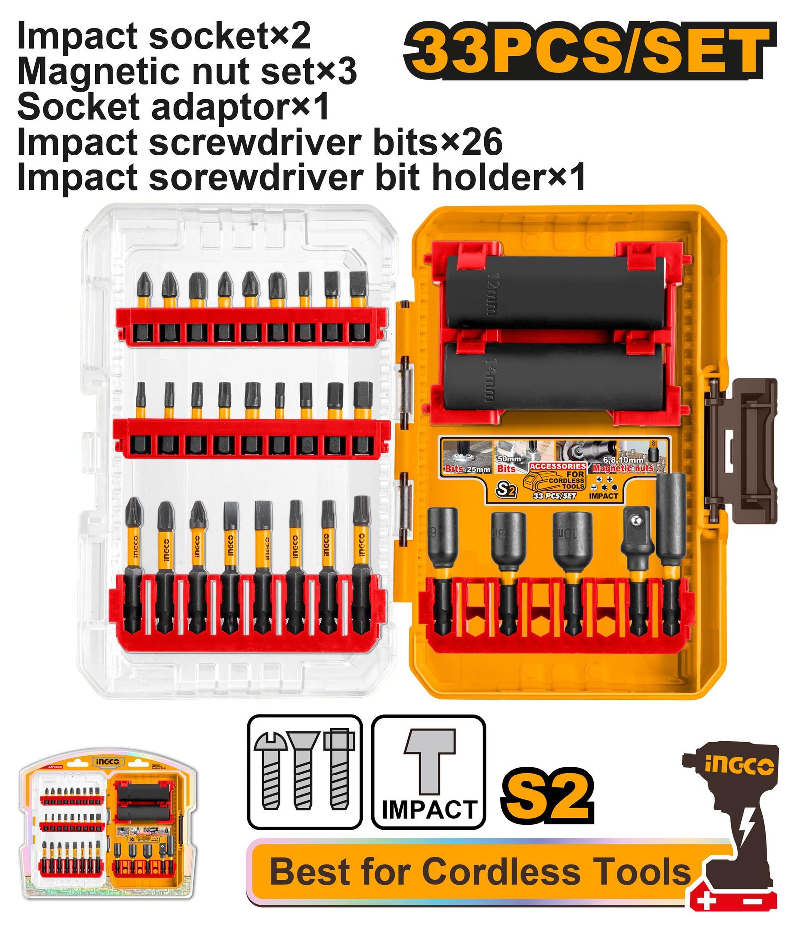 Ingco 33 Pcs impact screwdriver bits and sockets set AKDL63306