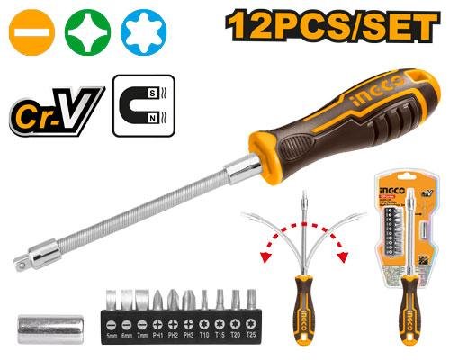 Ingco 12 Pcs flexible shaft screwdriver set AKSDFL1208