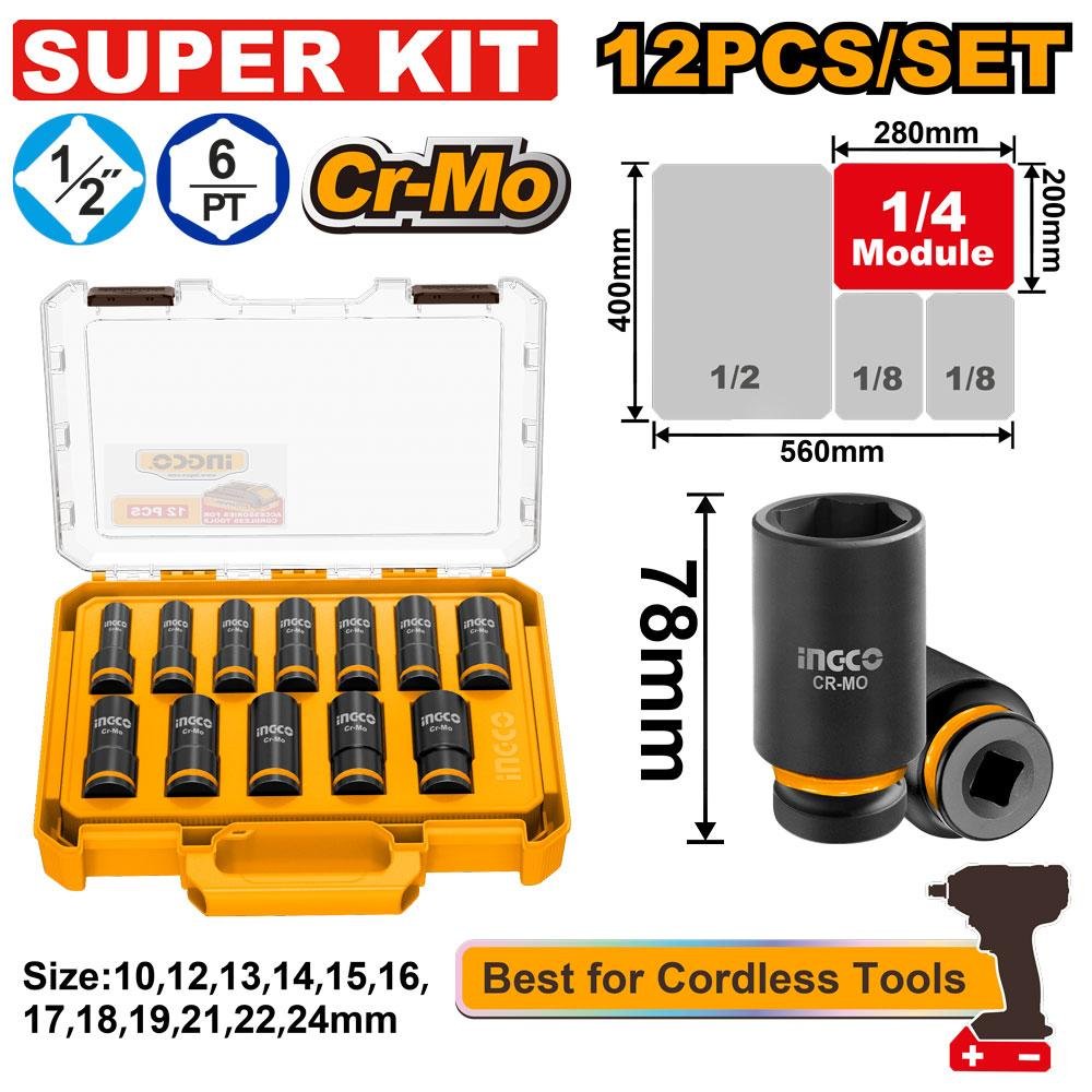 Ingco 12 Pcs 1/2" DR. Deep impact socket set HKISSD12126L
