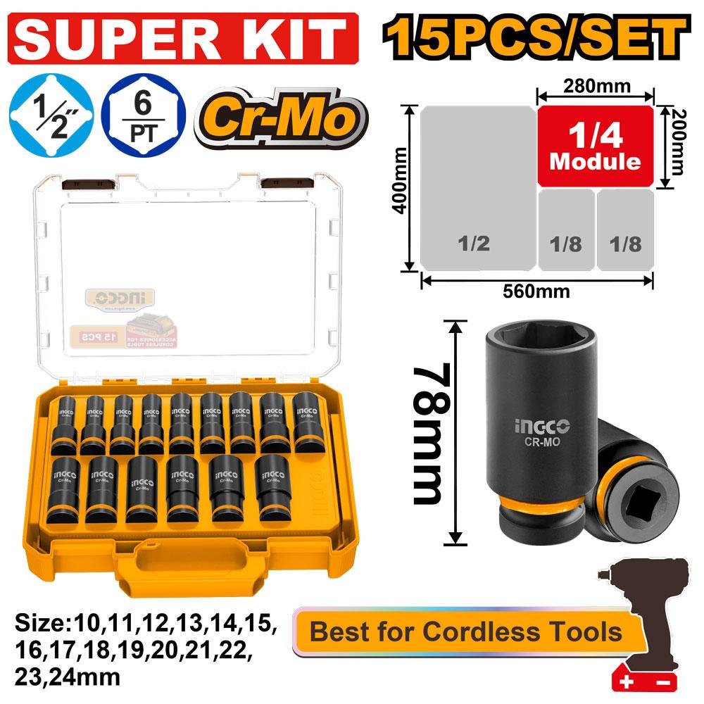 Ingco 15 Pcs 1/2" DR. Deep impact socket set HKISSD12156L
