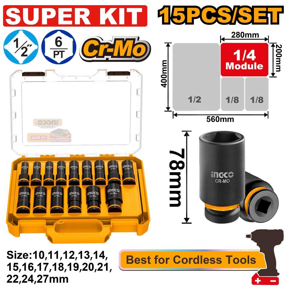 Ingco 15 Pcs 1/2" DR. Deep impact socket set HKISSD12158L