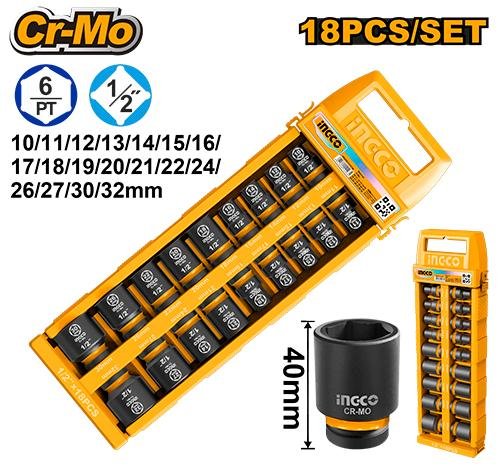 Ingco 18 Pcs 1/2" DR. Impact socket set HKISSD12186