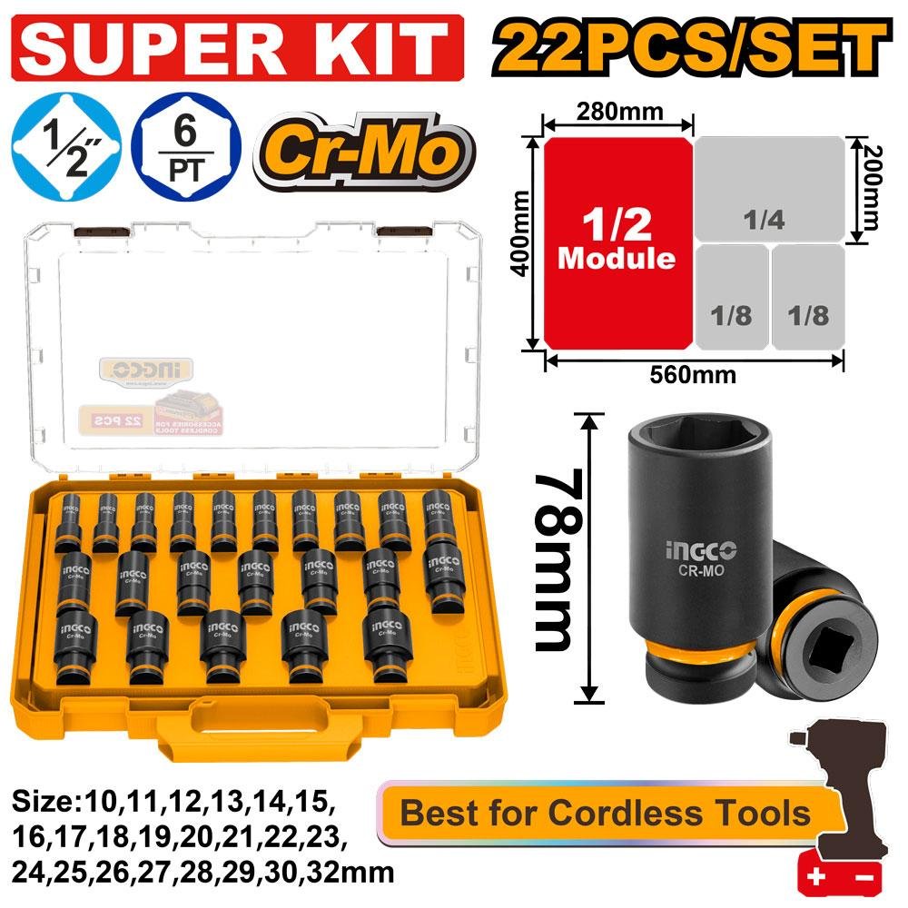 Ingco 22 Pcs 1/2" DR. Deep impact socket set HKISSD12226L