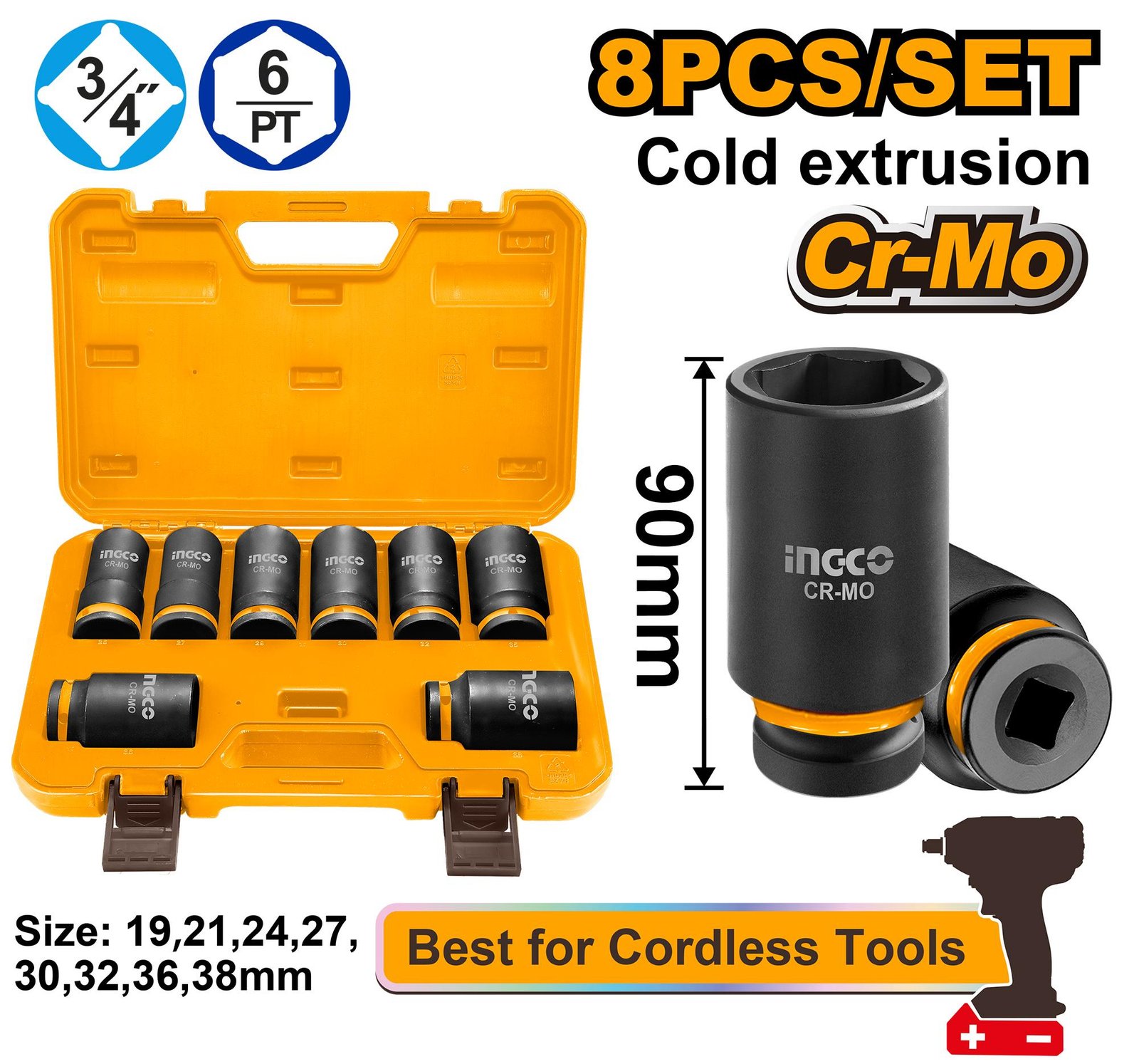 Ingco 8 Pcs 3/4" DR. Deep impact socket set HKISSD34086L