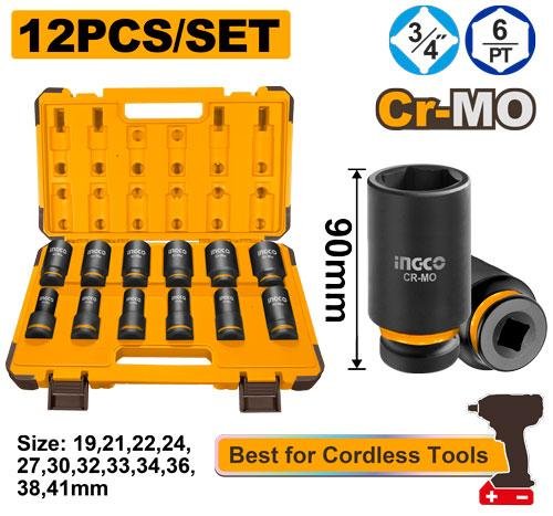 Ingco 12 Pcs 3/4" DR. Deep impact socket set HKISSD34126L