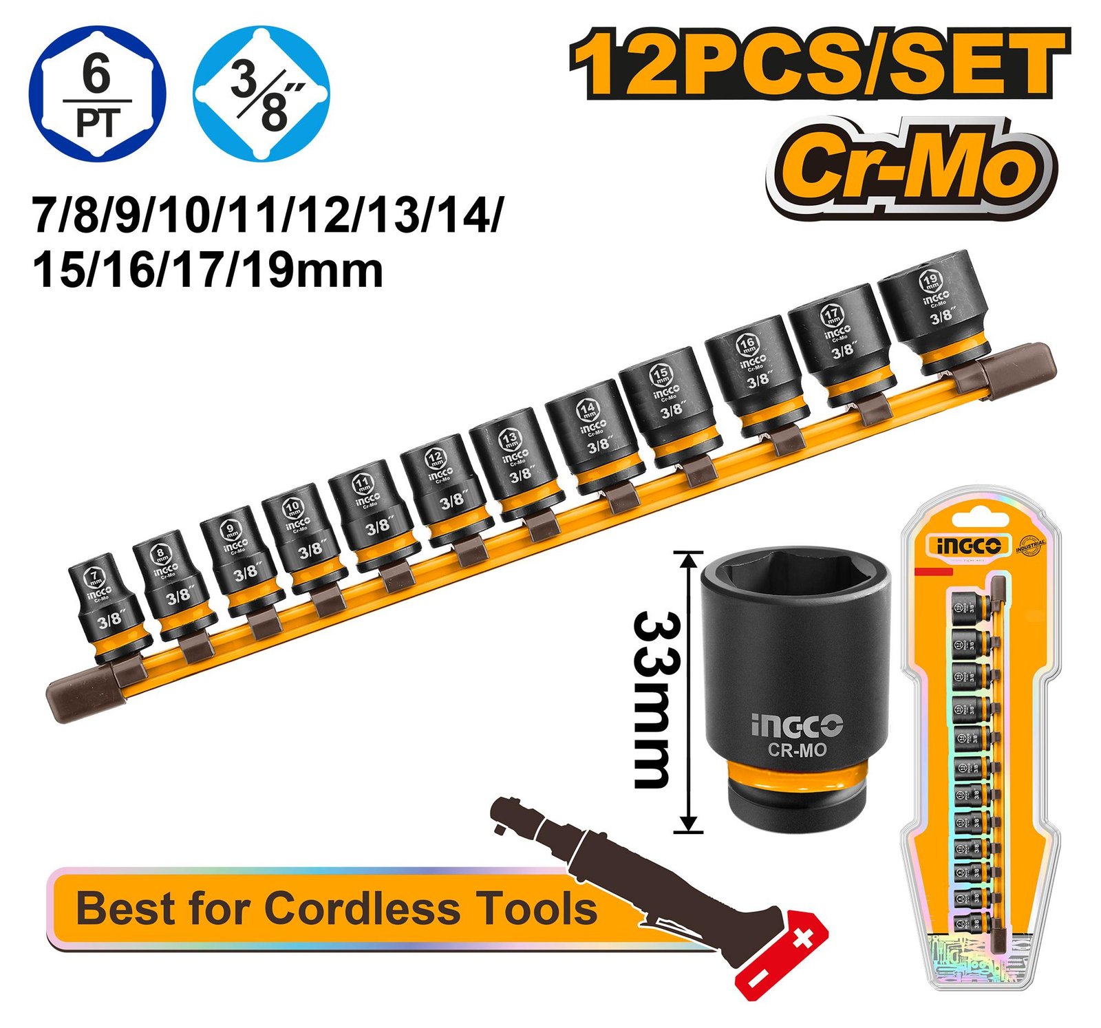 Ingco 12 Pcs 3/8" DR. Impact socket set HKISSD38126