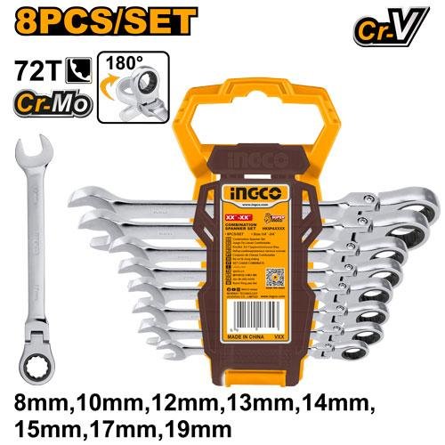 Ingco 8 Pcs flexible ratchet spanner set HKSPAR1083